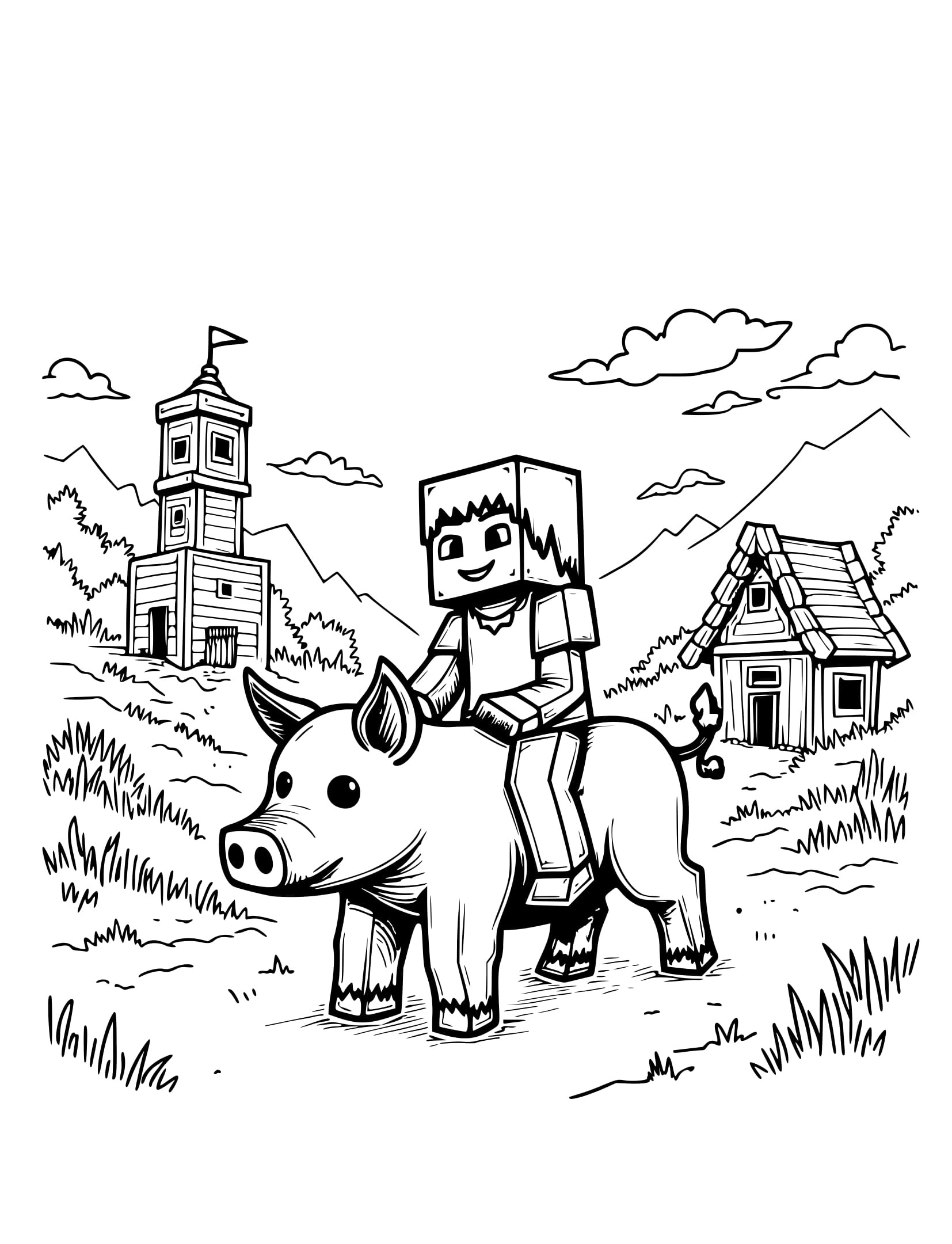 Desenho Aventura com um Porco de Minecraft para Colorir
