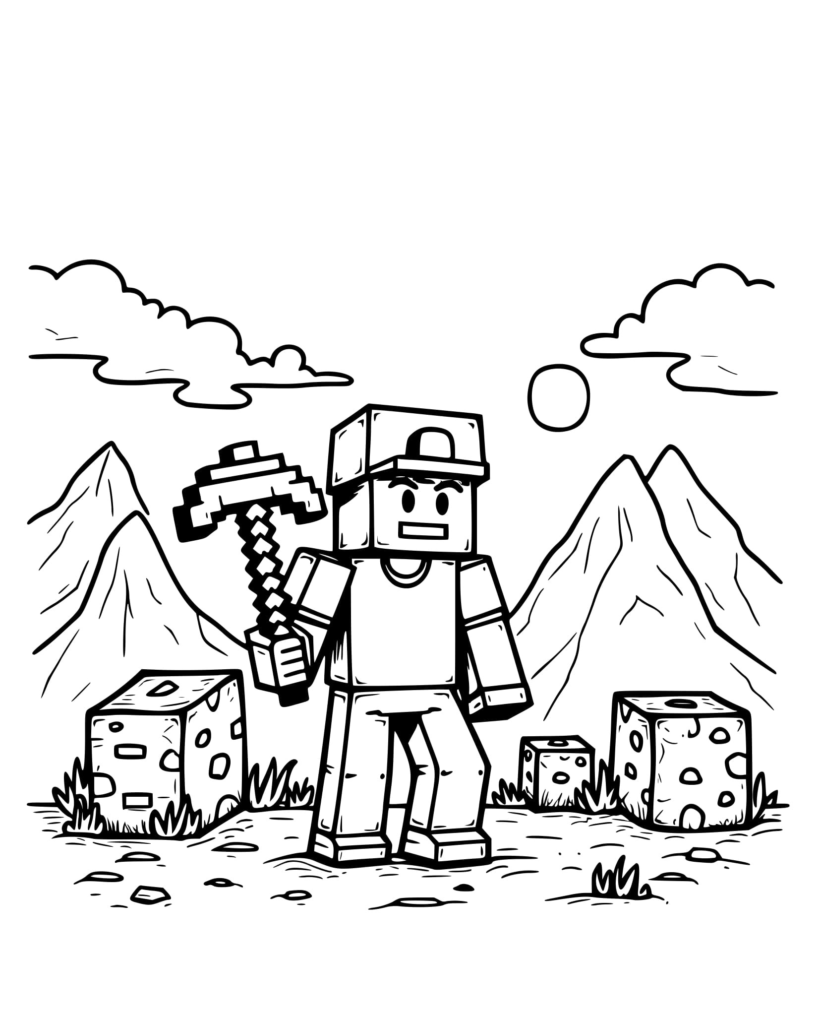 Desenho Minecraft Blocos com Picareta para Colorir