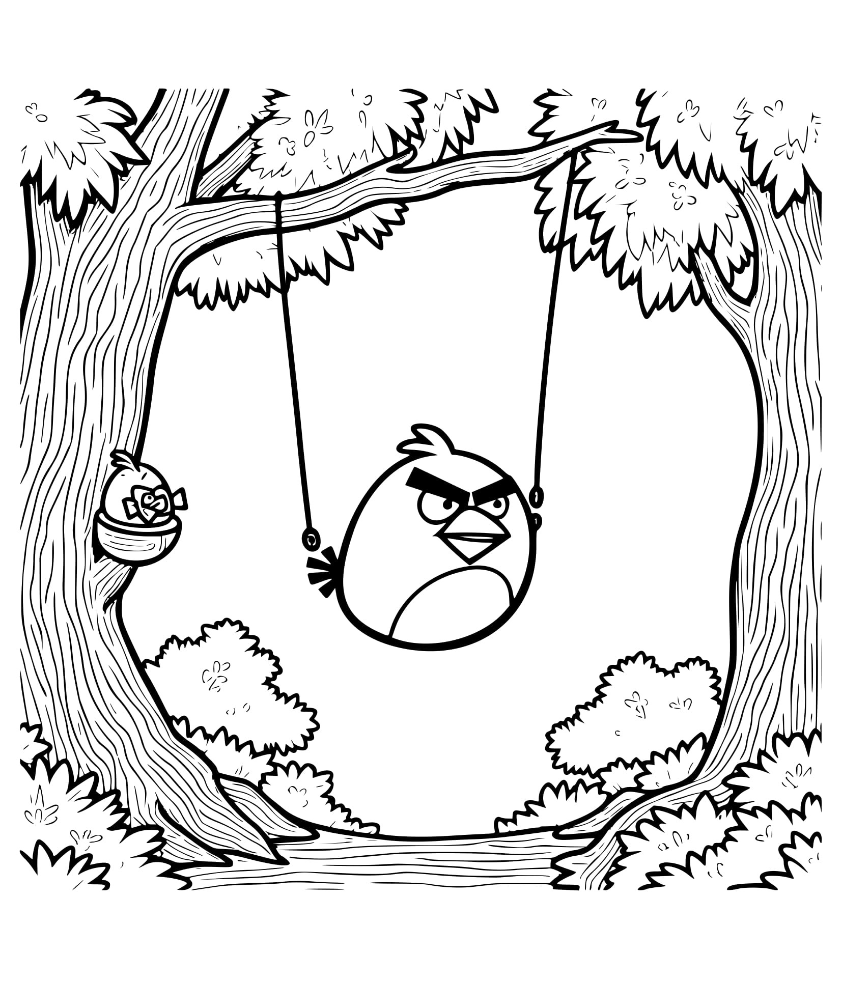 Desenho Angry Birds na Balanço de árvore Colorir