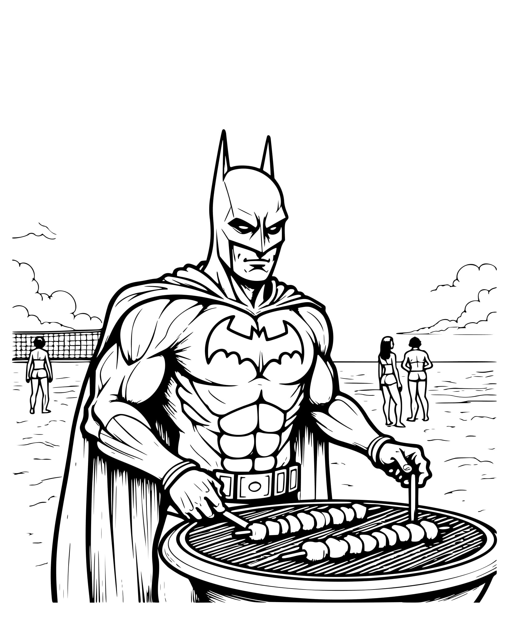 Desenho Batman Grelhando e Praia para Colorir