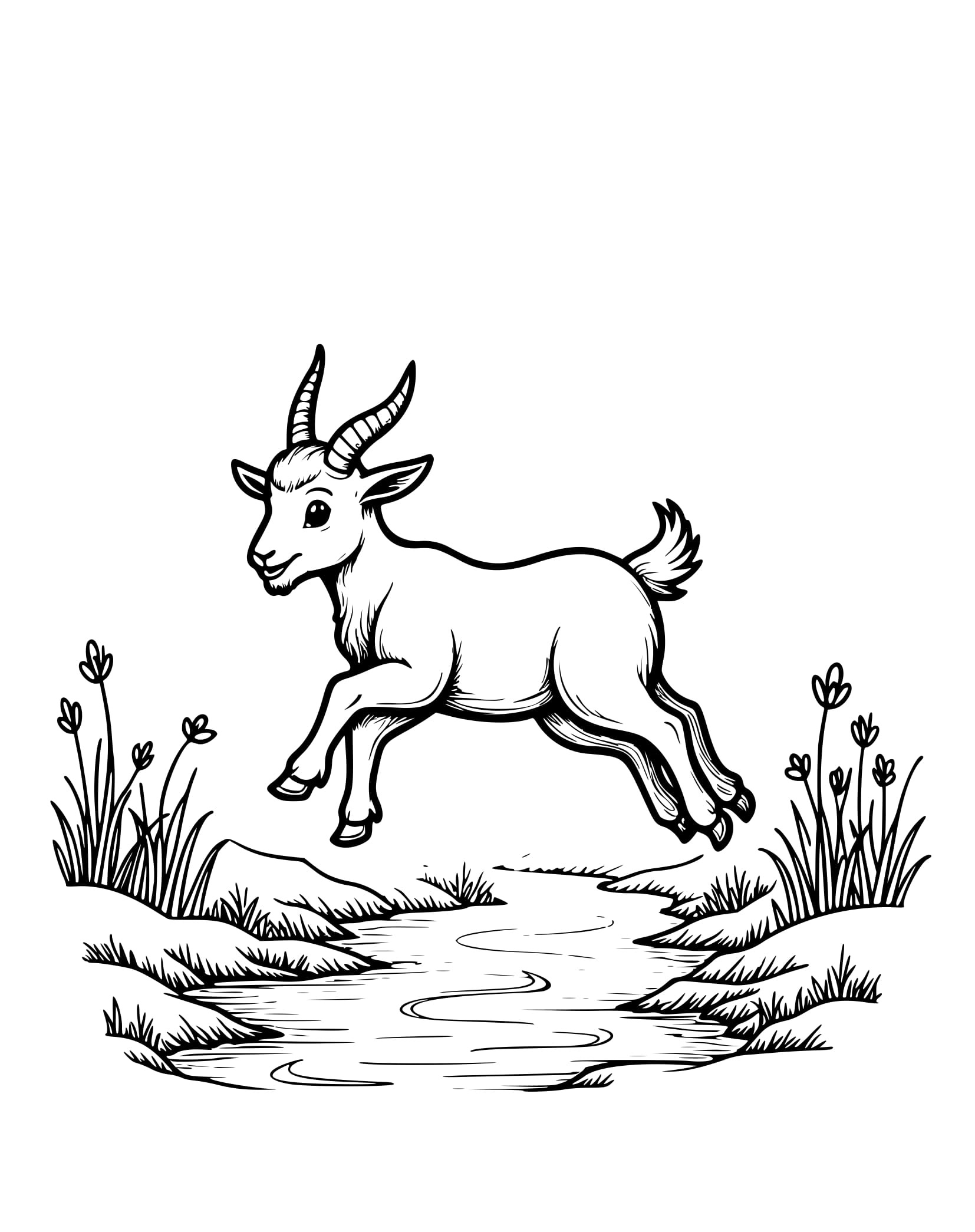 Desenho Cabrito Salta Sobre um Riacho para Colorir