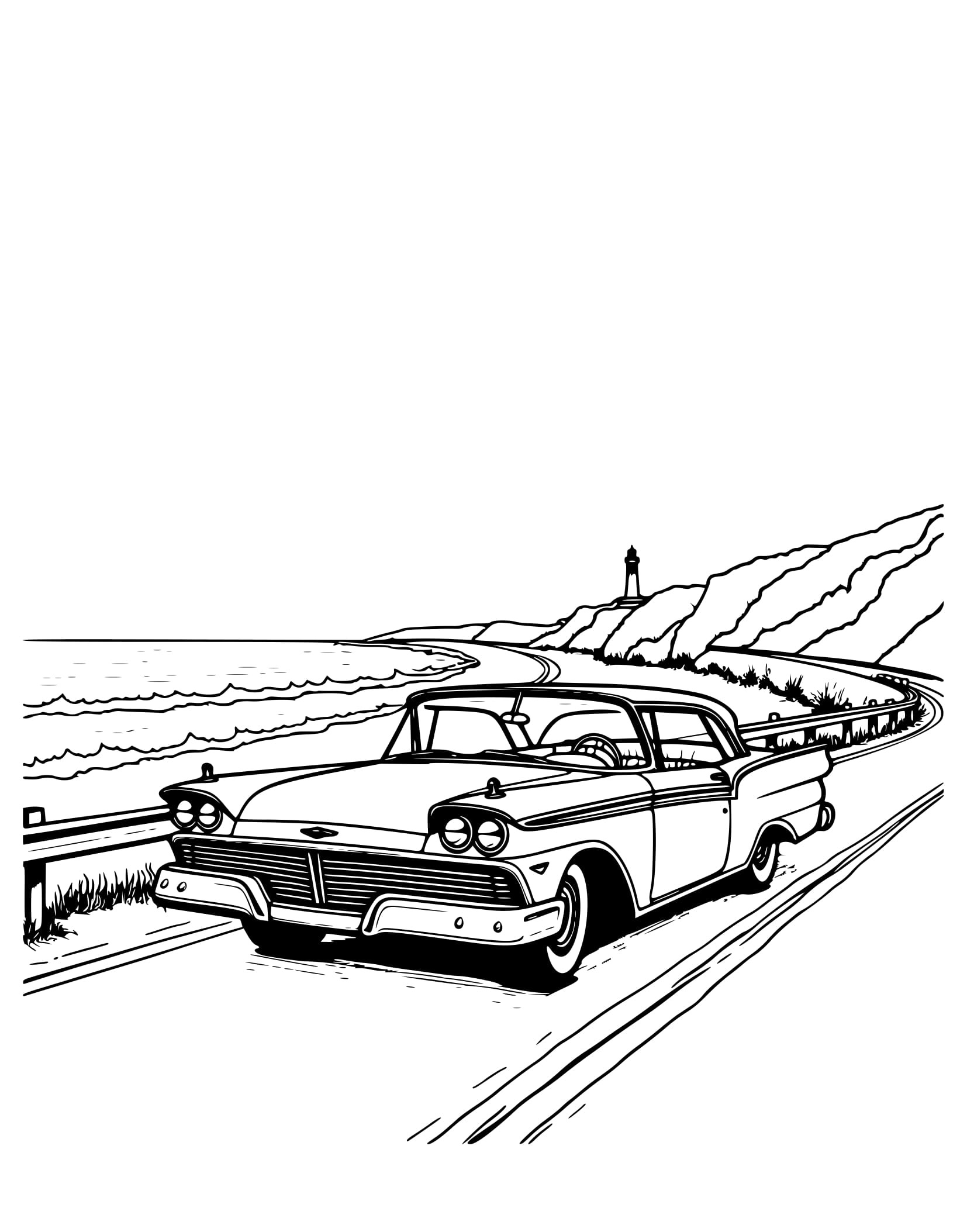 Desenho Clássico Ford em Estrada Costeira Colorir