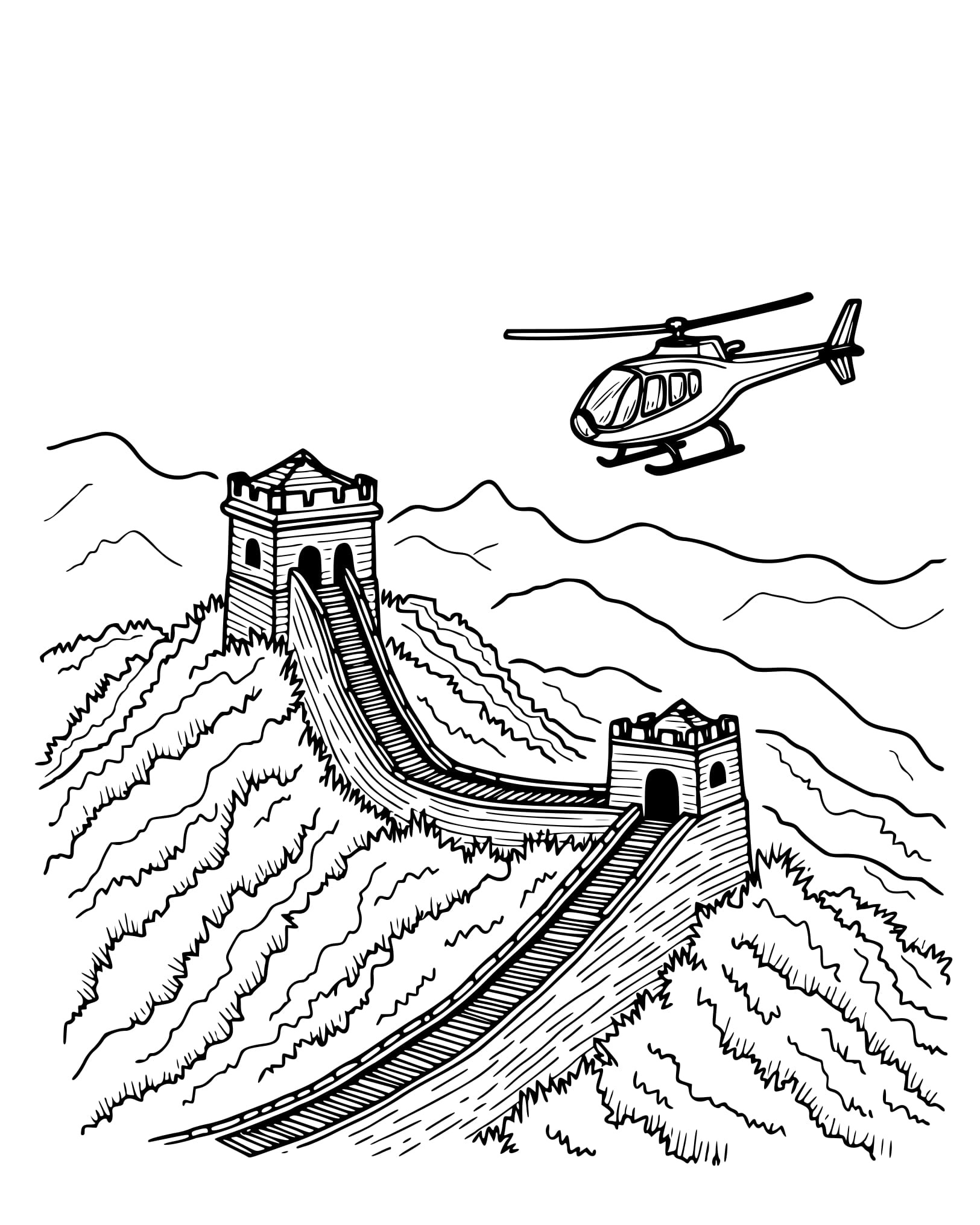 Desenho Helicóptero sobre a Grande Muralha Colorir