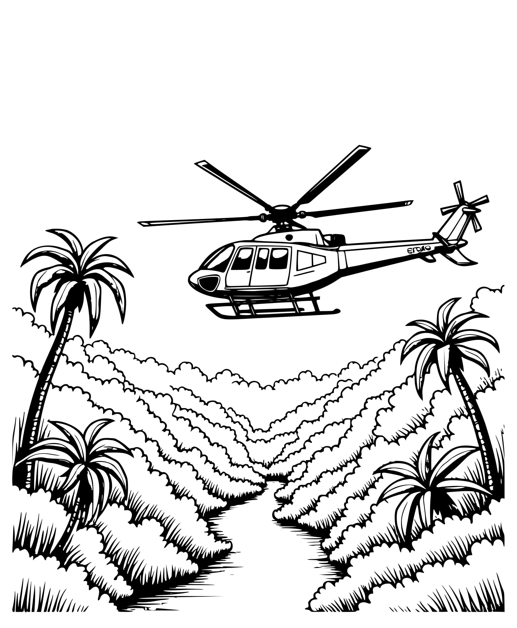 Desenho Helicóptero Voando a Floresta Tropical Colorir
