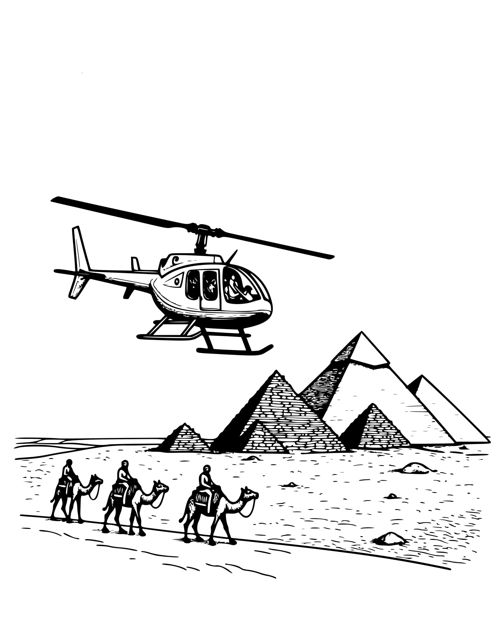 Desenho Helicóptero Sobre Pirâmides para Colorir