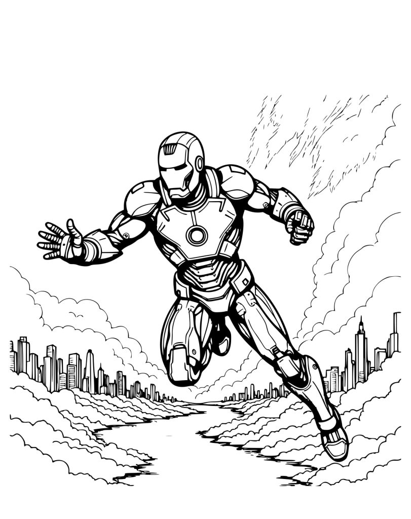 Desenho Voando Homem de Ferro a Cidade para Colorir