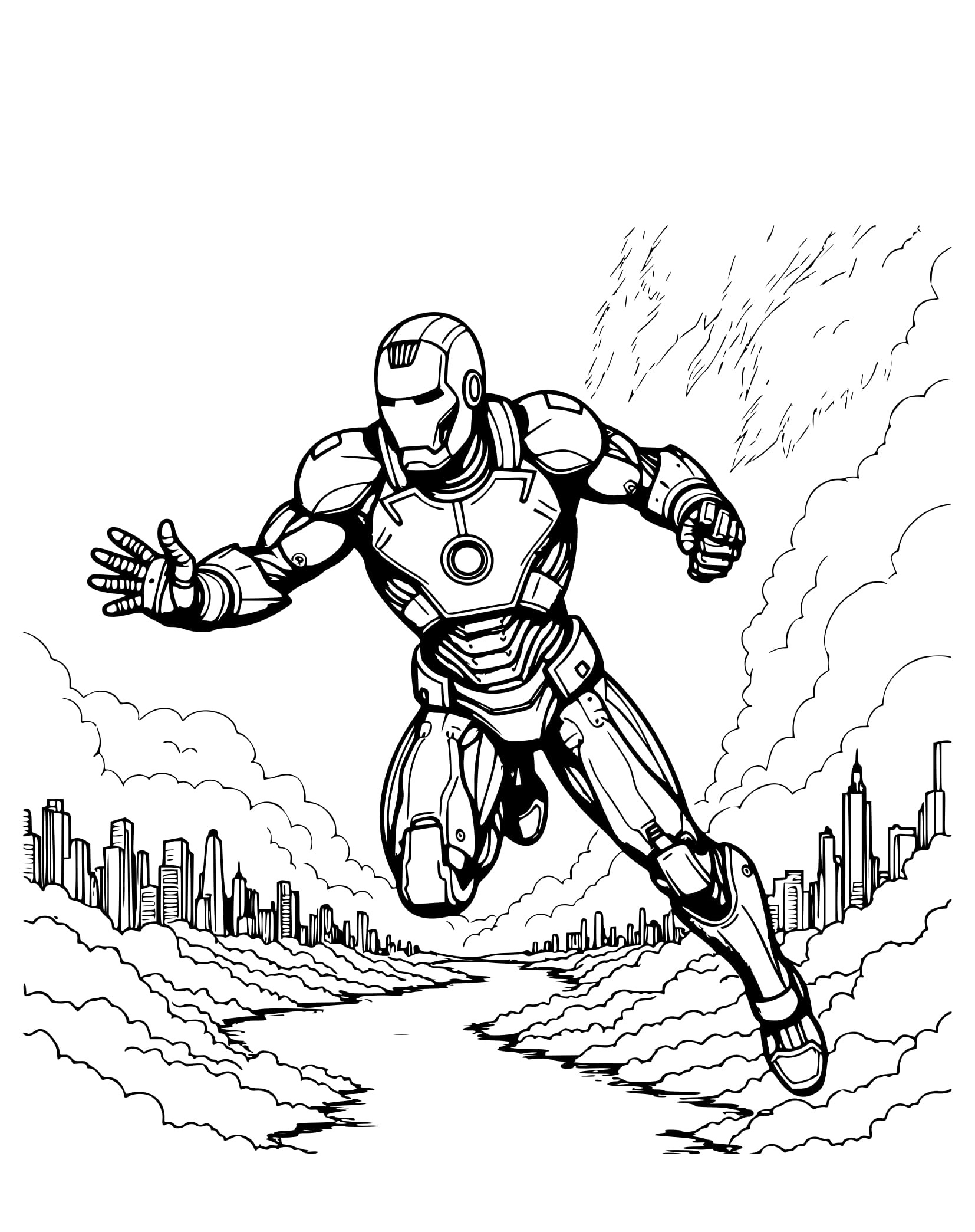 Desenho Voando Homem de Ferro a Cidade para Colorir