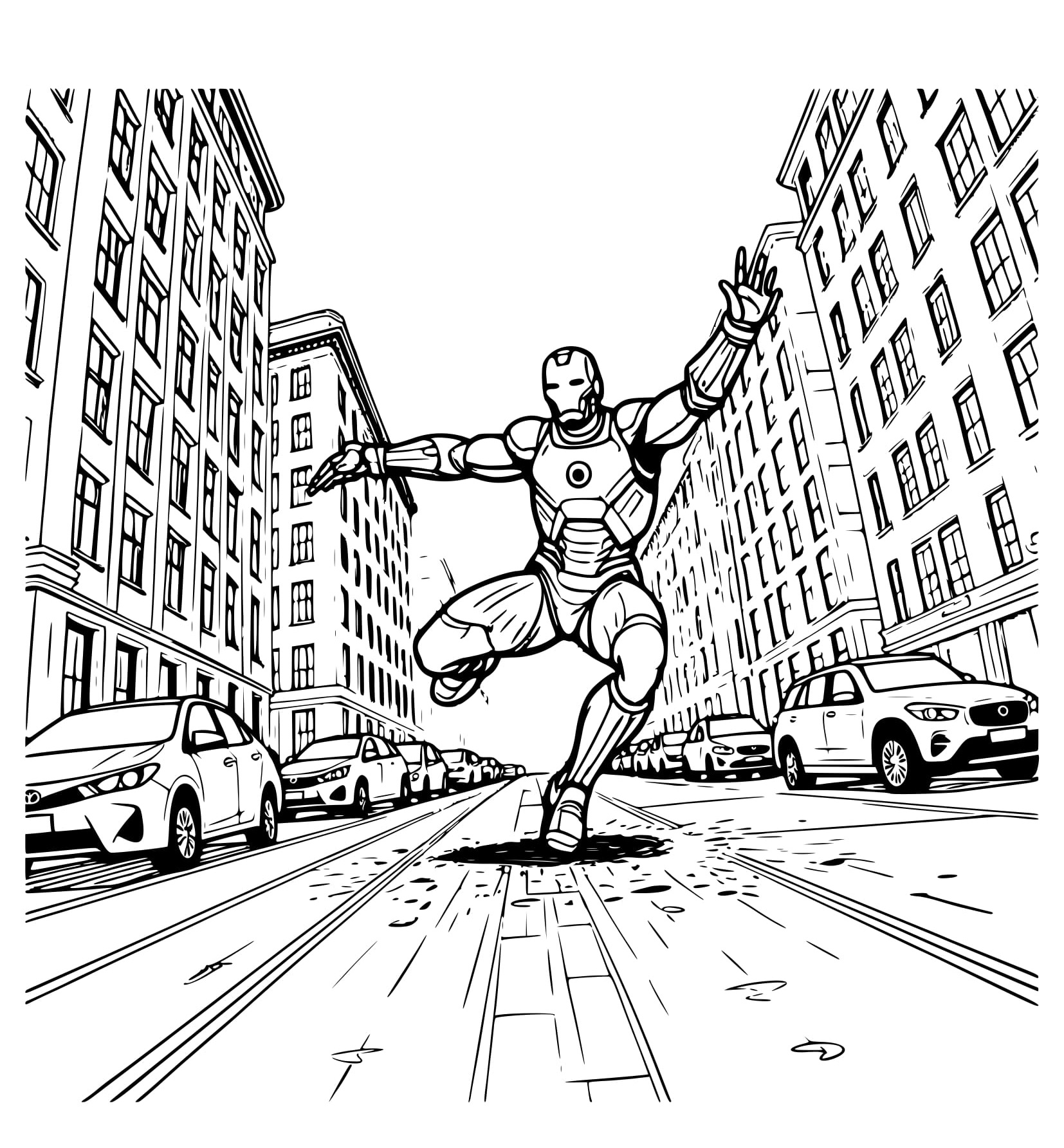 Desenho Homem de Ferro de super-herói na Cidade para Colorir