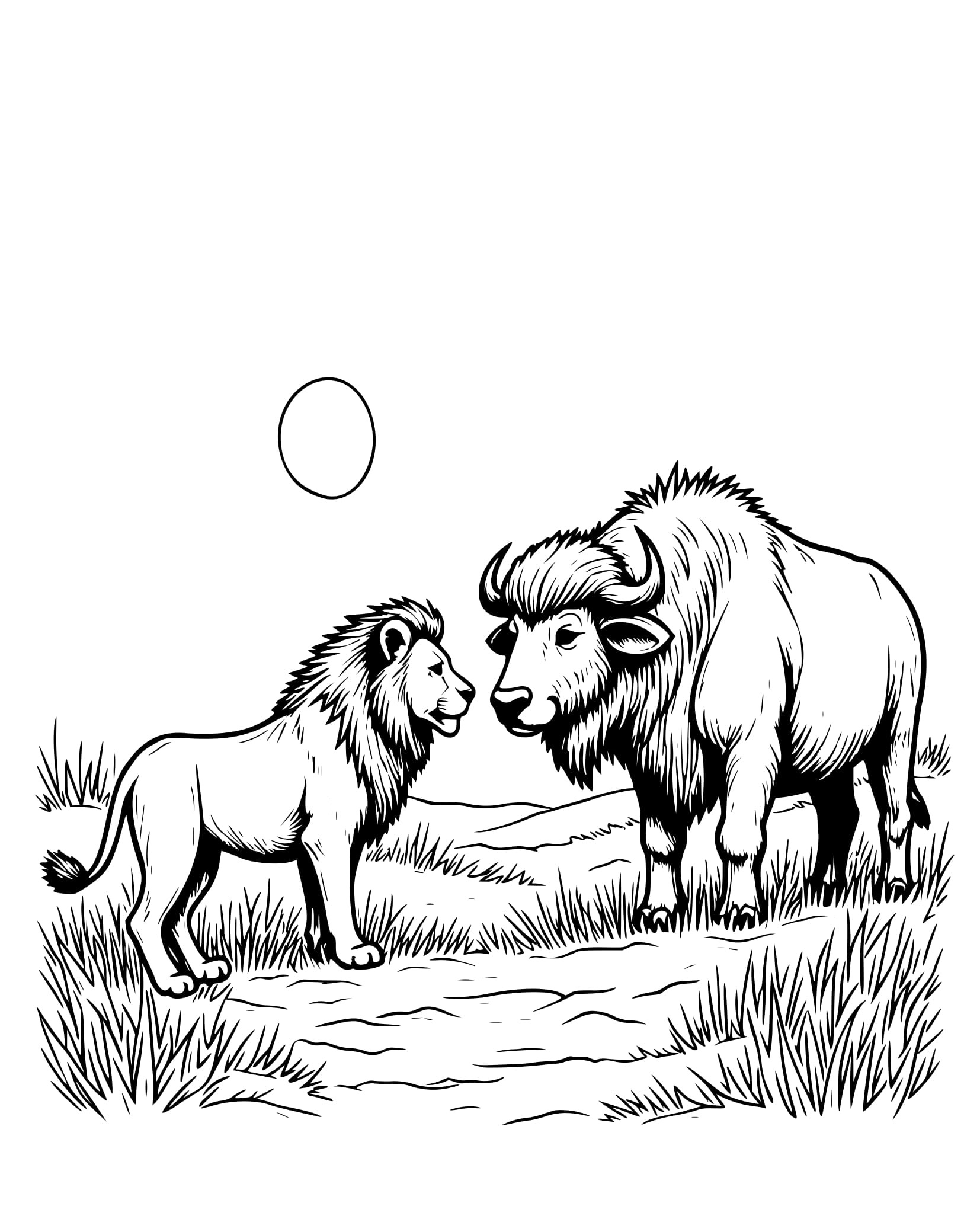 Desenho Encontro de Leão e Búfalo Colorir para Crianças