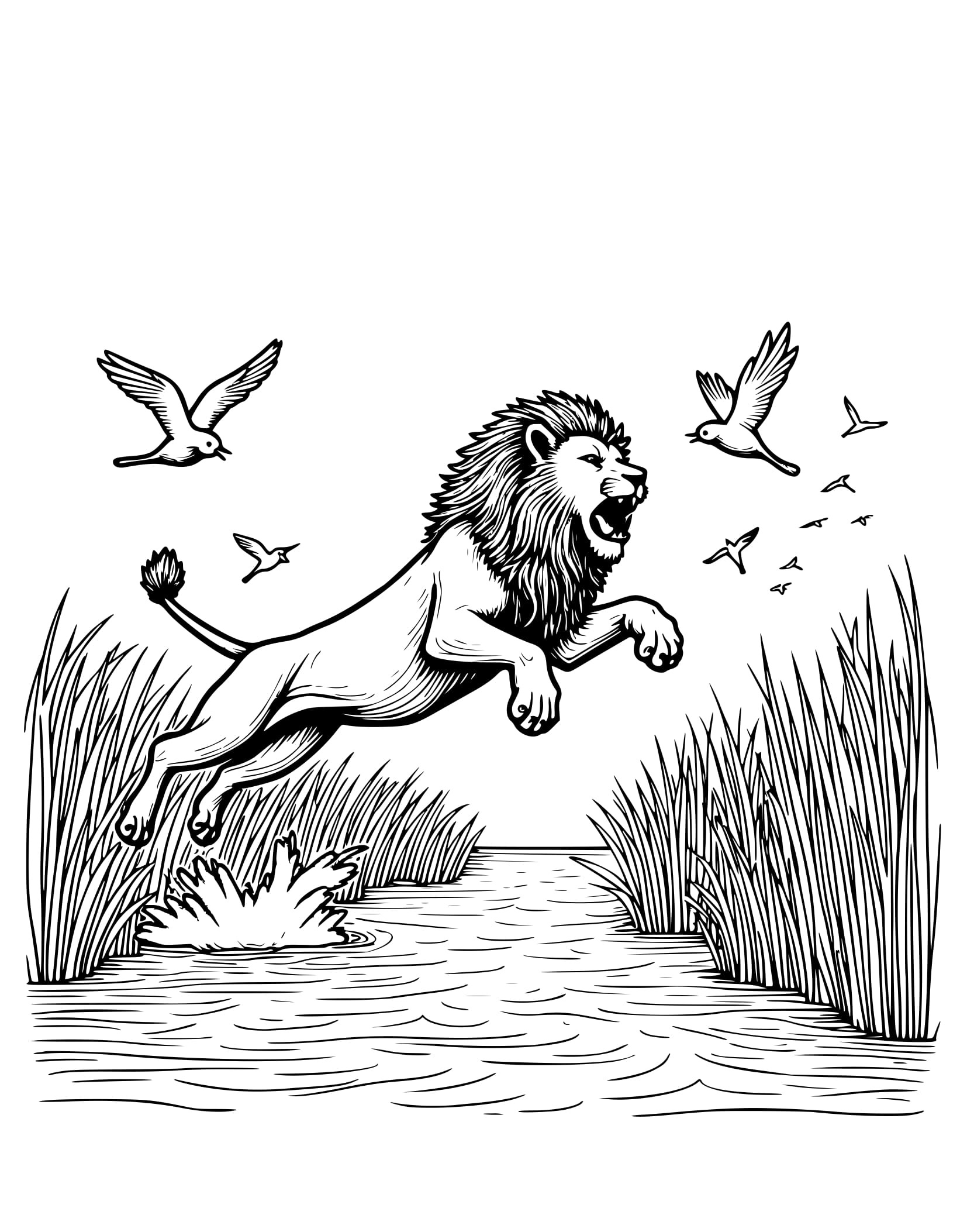 Desenho Leão Saltando Sobre Riacho para Colorir
