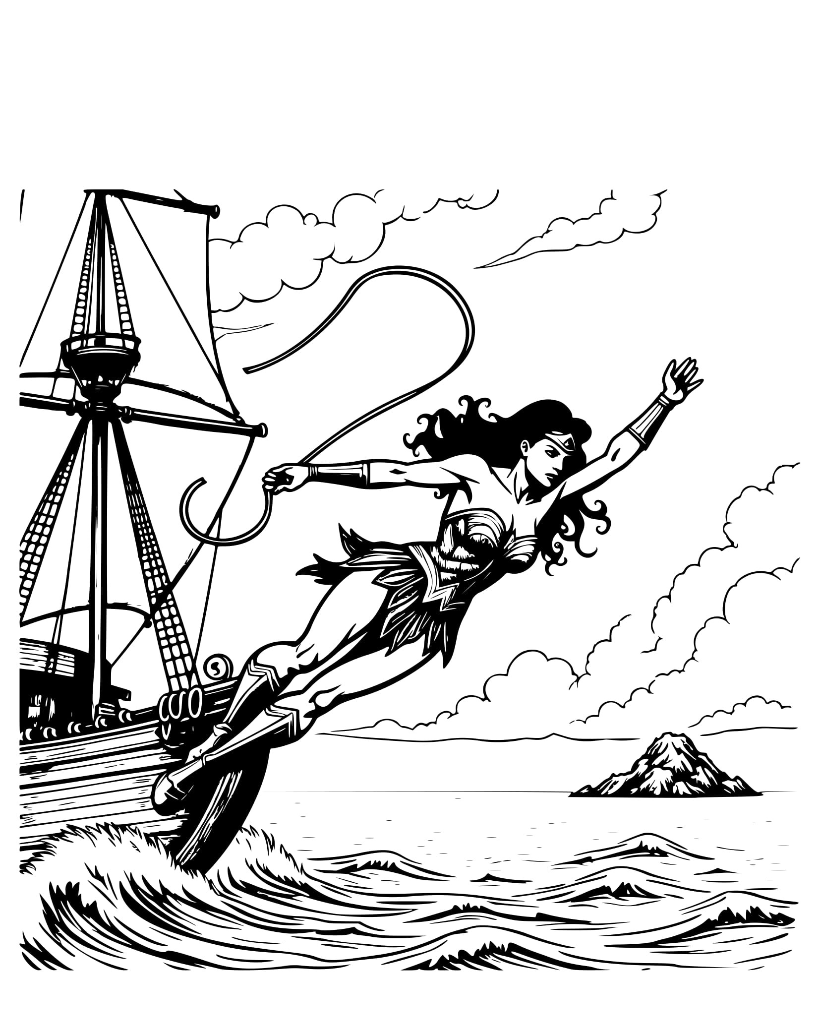 Desenho Mulher-Maravilha em um navio Pirata para Colorir