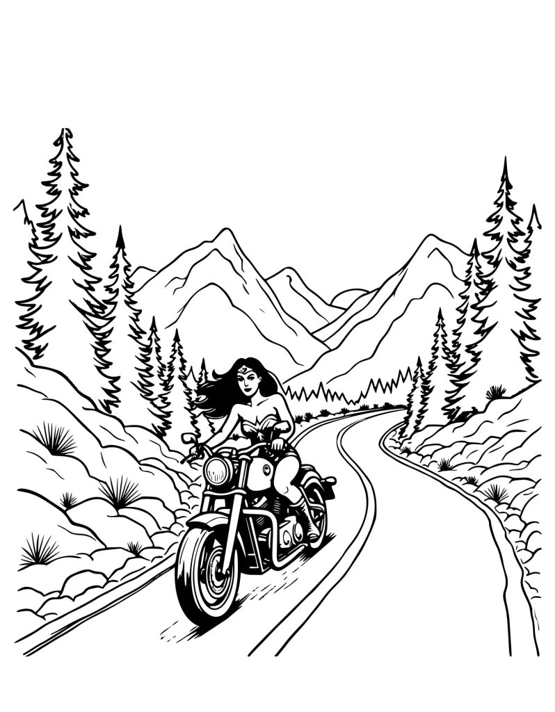Desenho Mulher-Maravilha em Motocicleta de Montanhas Colorir