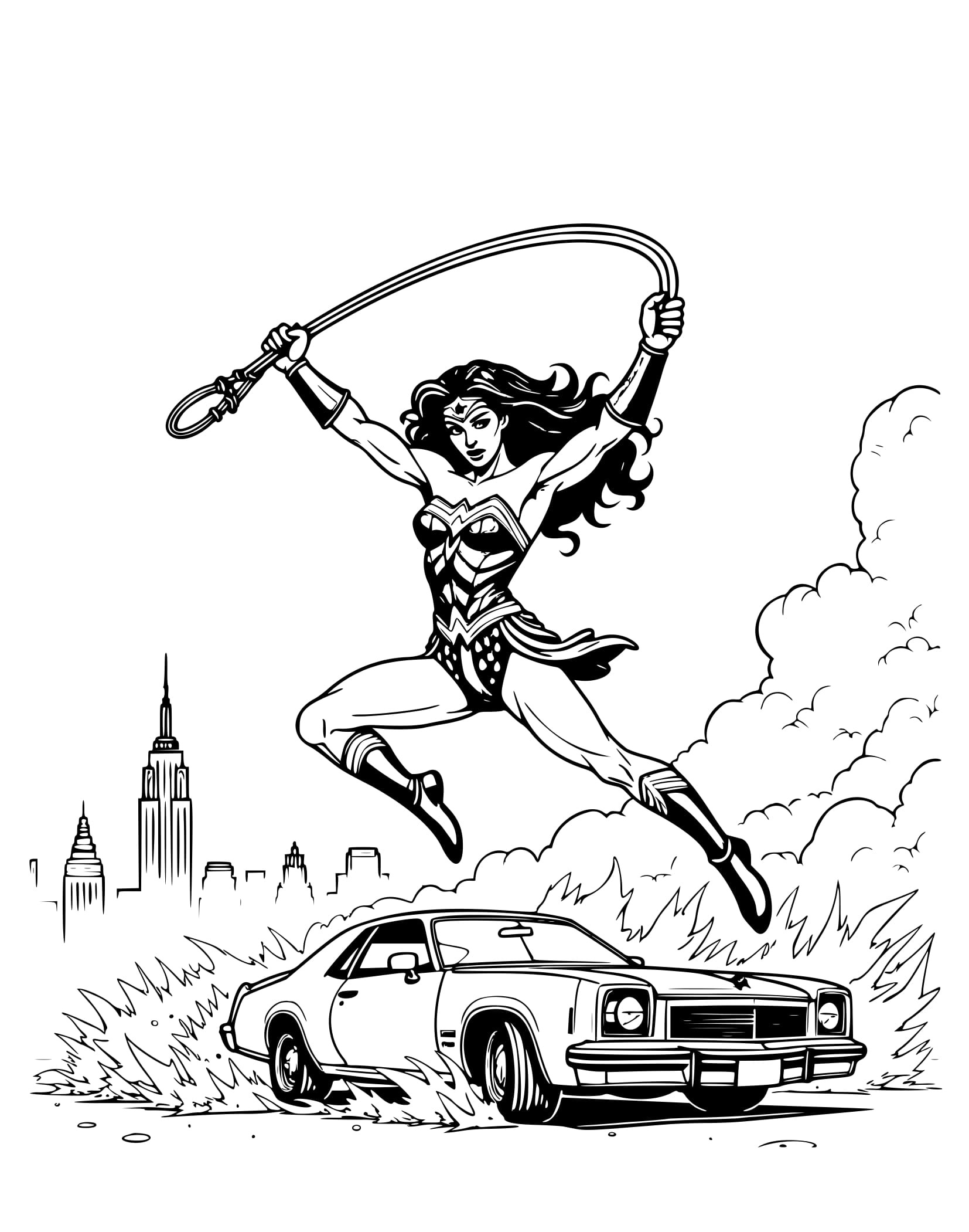 Desenho Mulher-Maravilha Salta Sobre um Carro Colorir