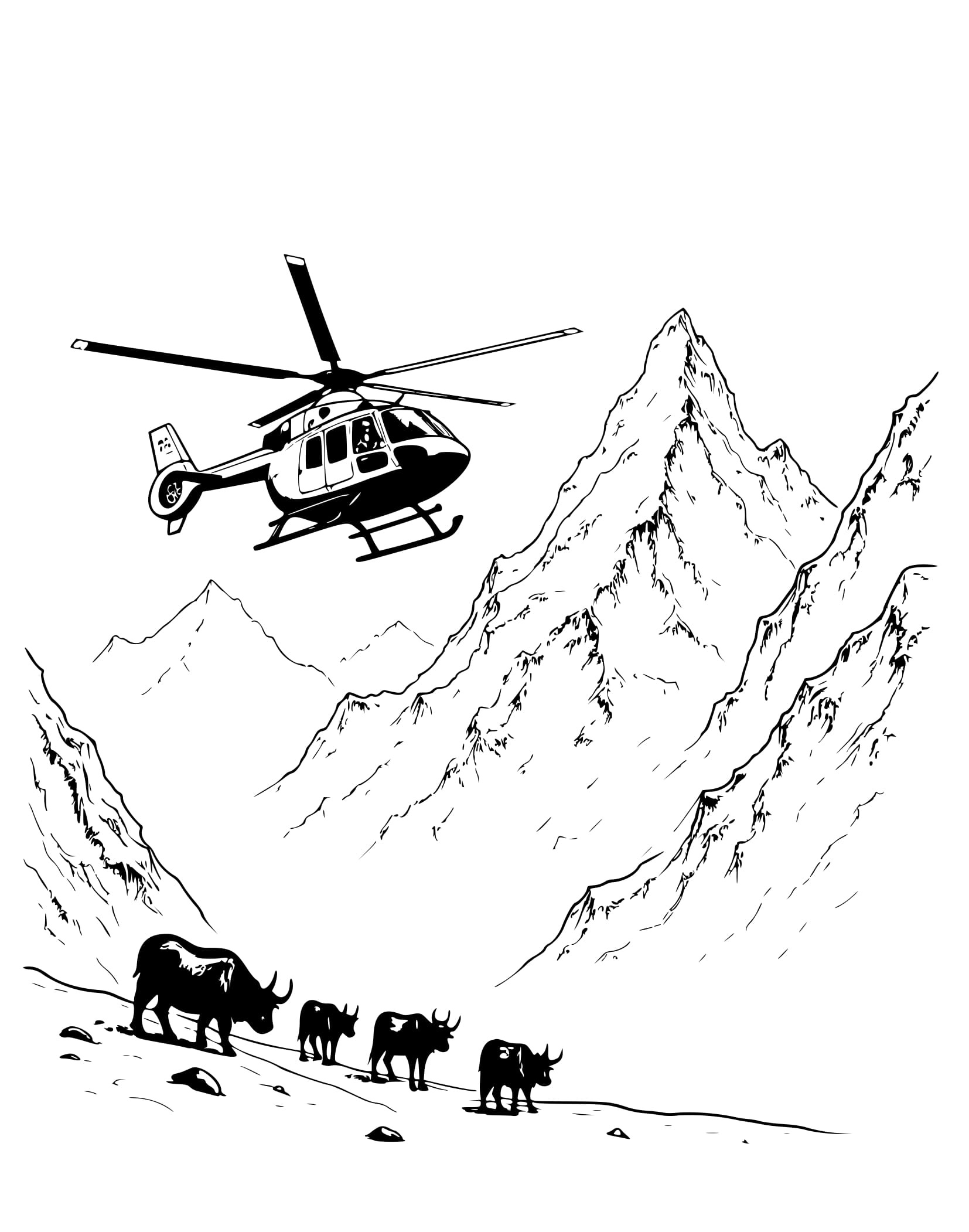 Desenho Voando Helicóptero e Montanha Colorir