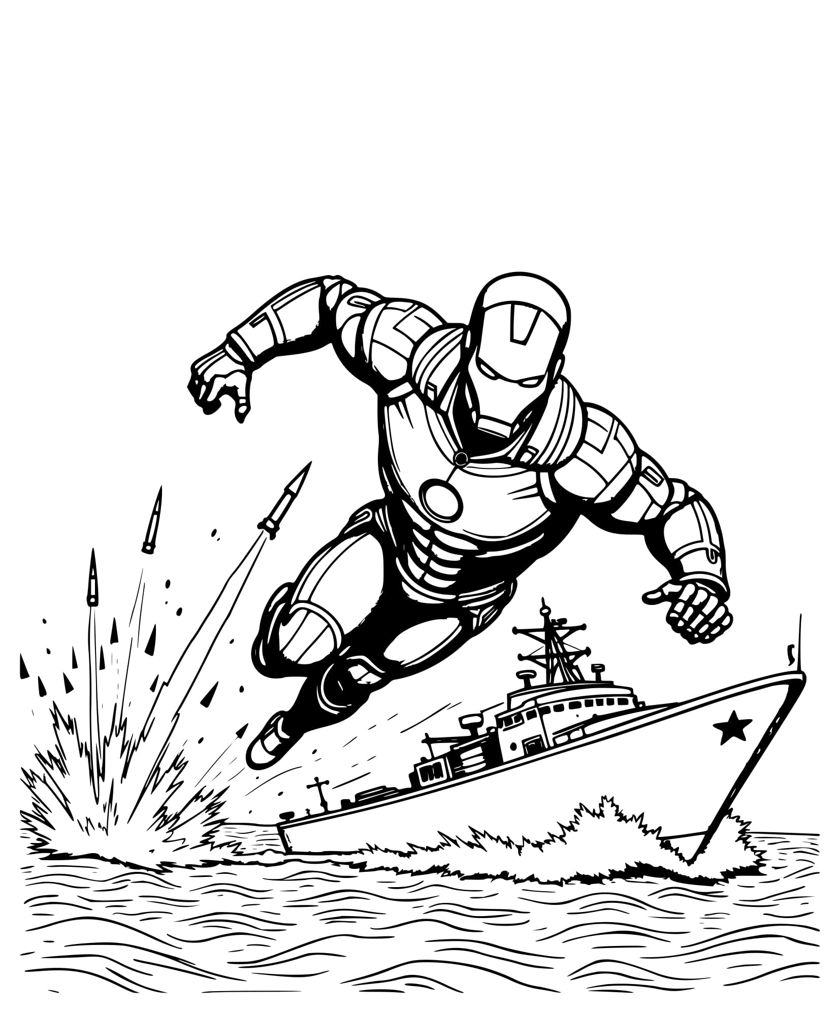 Desenhos Homem de Ferro e navio de guerra Colorir