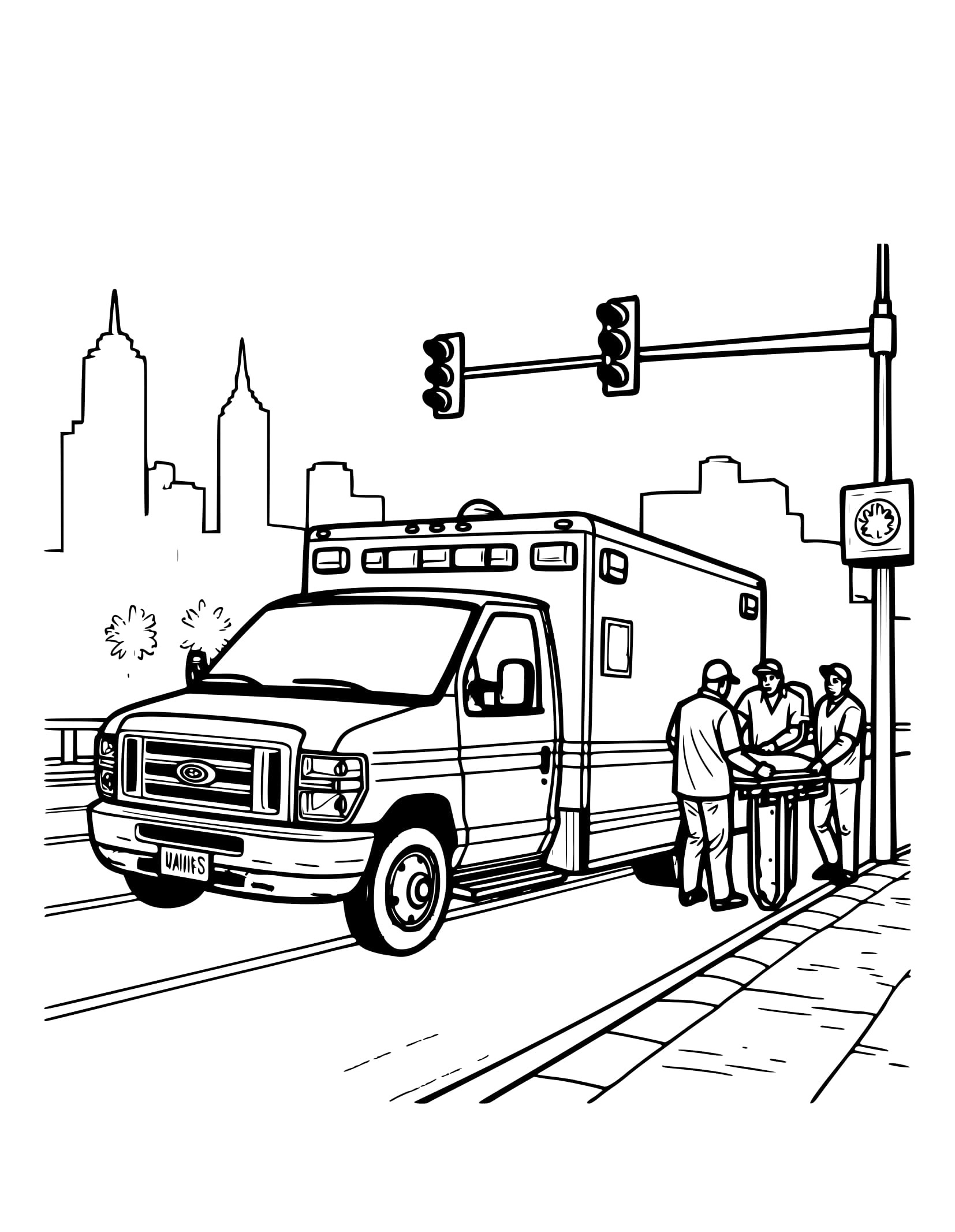 Desenho Ambulância no Cruzamento de Cidade para Colorir